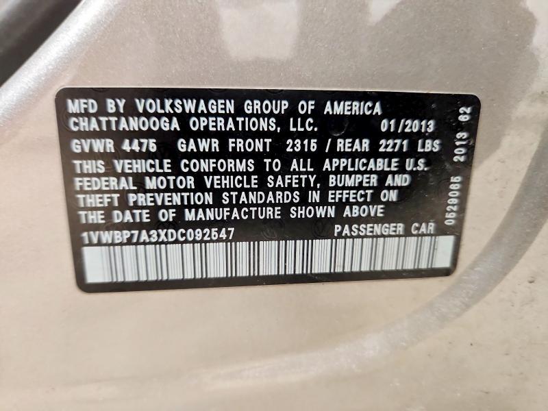 Aukcja sprzedaży 2013 Volkswagen Passat, vin: 1VWBP7A3XDC092547, numer aukcji: 52066156
