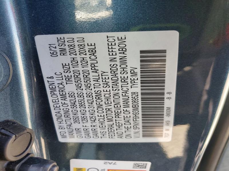 Продажа на аукционе авто 2021 Honda Pilot, vin: 5FNYF6H93MB089528, номер лота: 53737816