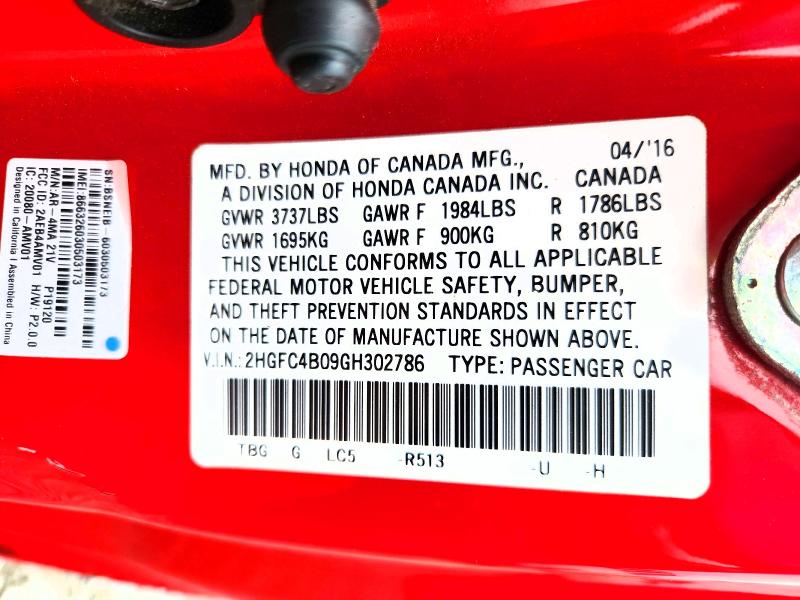 2016 Honda Civic მანქანა იყიდება აუქციონზე, vin: 2HGFC4B09GH302786, აუქციონის ნომერი: 54208906