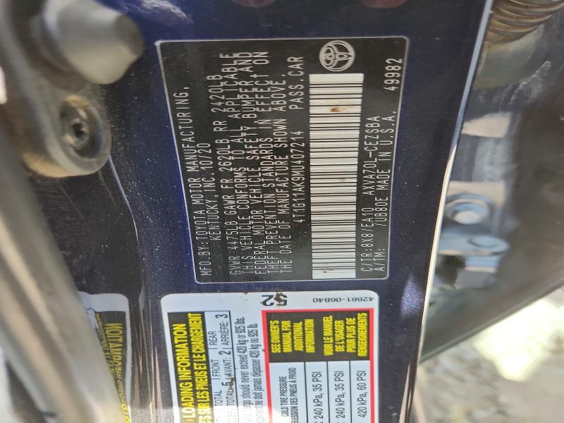 Aukcja sprzedaży 2021 Toyota Camry, vin: 4T1G11AK9MU407214, numer aukcji: 52600106