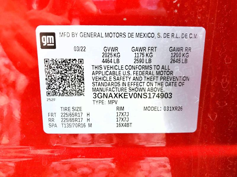 Продажа на аукционе авто 2022 Chevrolet Equinox, vin: 3GNAXKEV0NS174903, номер лота: 54599516