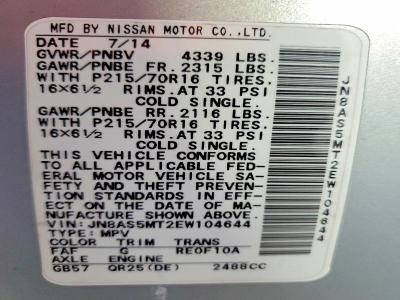 53194796 :رقم المزاد ، JN8AS5MT2EW104644 vin ، 2014 Nissan Rogue Select مزاد بيع