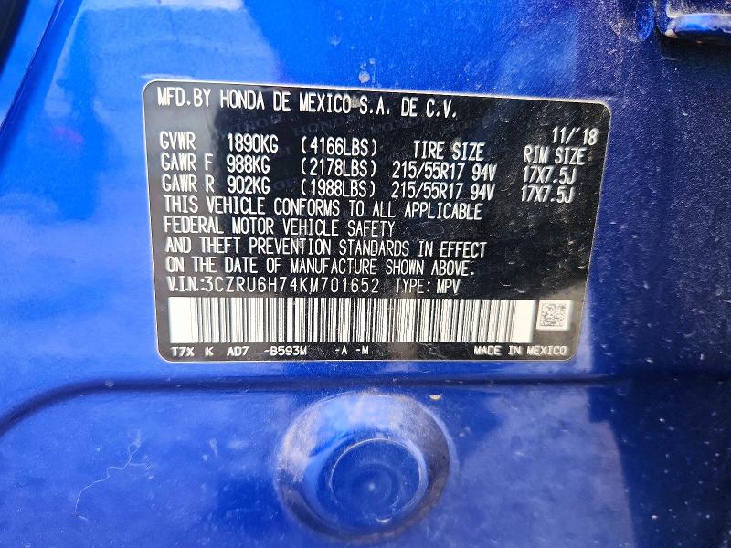 Aukcja sprzedaży 2019 Honda Hr-v, vin: 3CZRU6H74KM701652, numer aukcji: 53207526