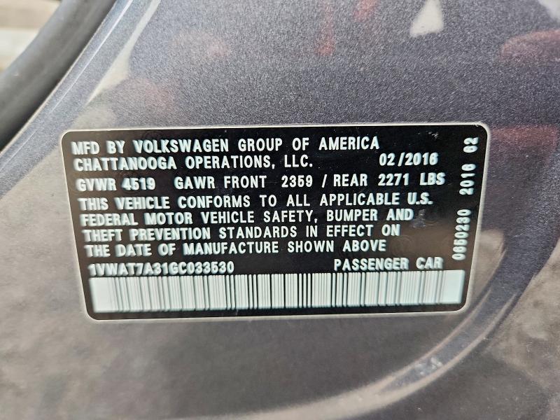 Aukcja sprzedaży 2016 Volkswagen Passat, vin: 1VWAT7A31GC033530, numer aukcji: 55231956
