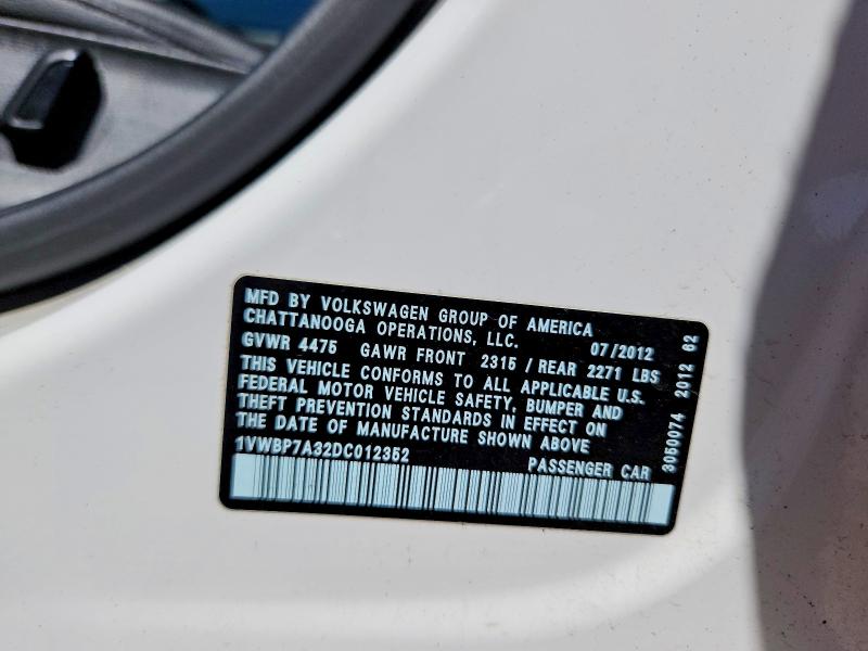 Продаж на аукціоні авто 2013 Volkswagen Passat, vin: 1VWBP7A32DC012352, номер лоту: 51582776