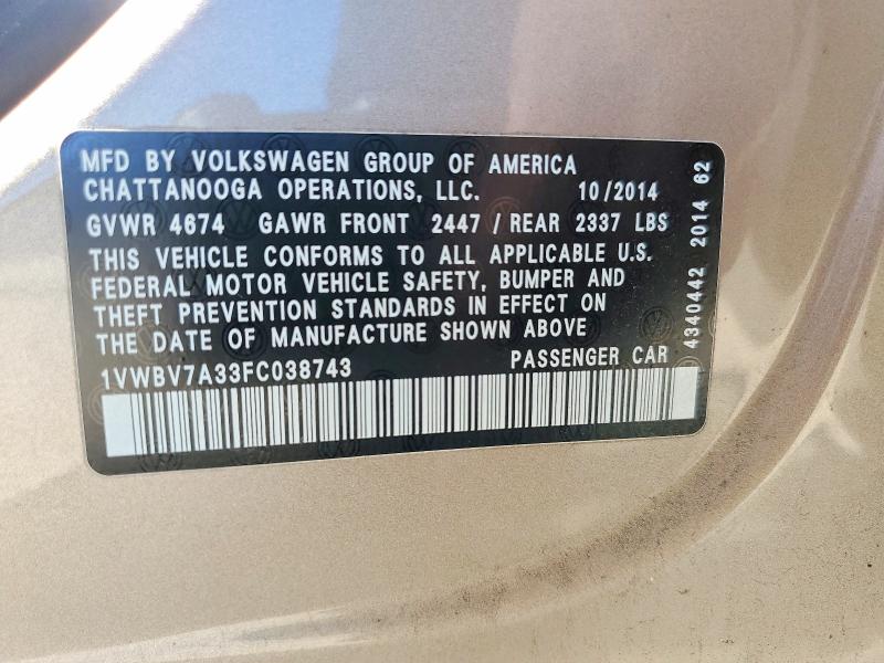 53752756 :رقم المزاد ، 1VWBV7A33FC038743 vin ، 2015 Volkswagen Passat مزاد بيع