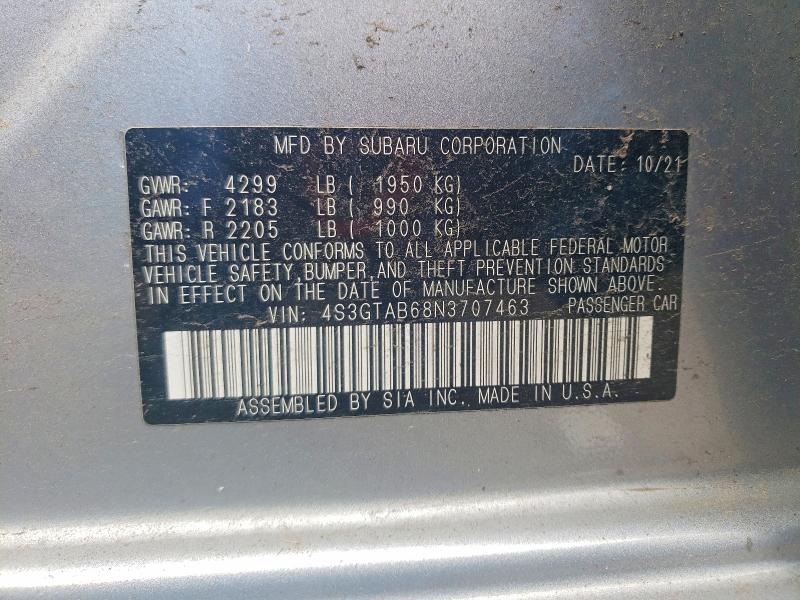 52228736 :رقم المزاد ، 4S3GTAB68N3707463 vin ، 2022 Subaru Impreza مزاد بيع