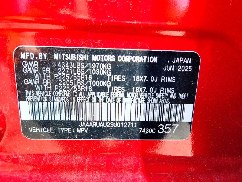 52533316 :رقم المزاد ، JA4ARUAU2SU012711 vin ، 2025 Mitsubishi Outlander Sport مزاد بيع