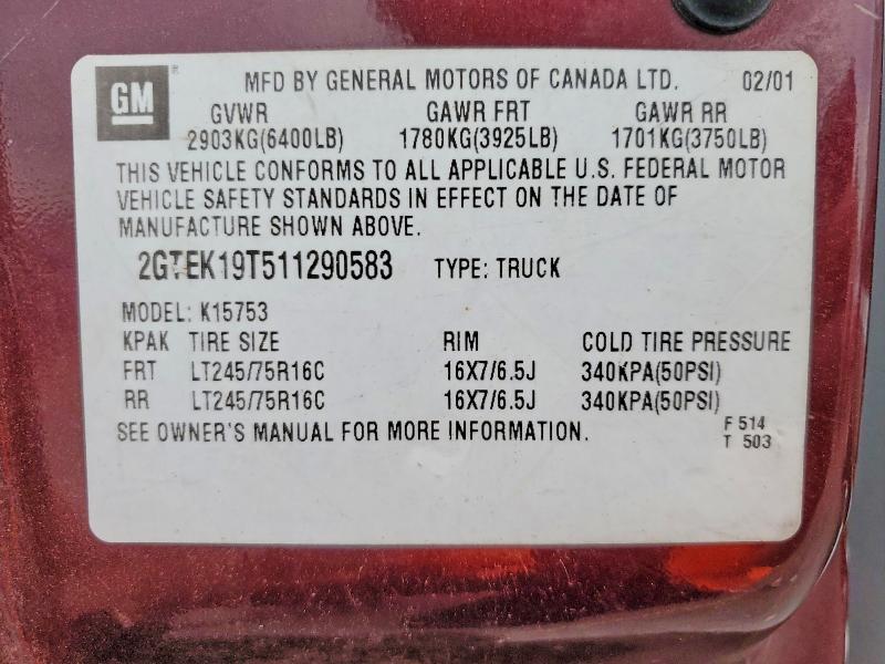 Aukcja sprzedaży 2001 Gmc New Sierra, vin: 2GTEK19T511290583, numer aukcji: 53424026
