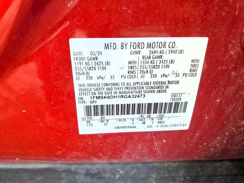 53074876 :رقم المزاد ، 1FMSK8DH1RGA32473 vin ، 2024 Ford Explorer مزاد بيع