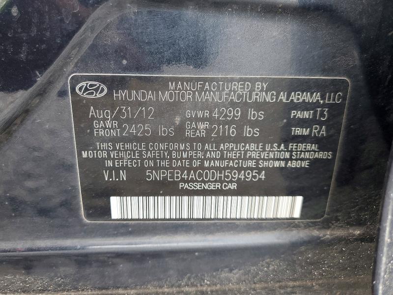 2013 Hyundai Sonata მანქანა იყიდება აუქციონზე, vin: 5NPEB4AC0DH594954, აუქციონის ნომერი: 53397386