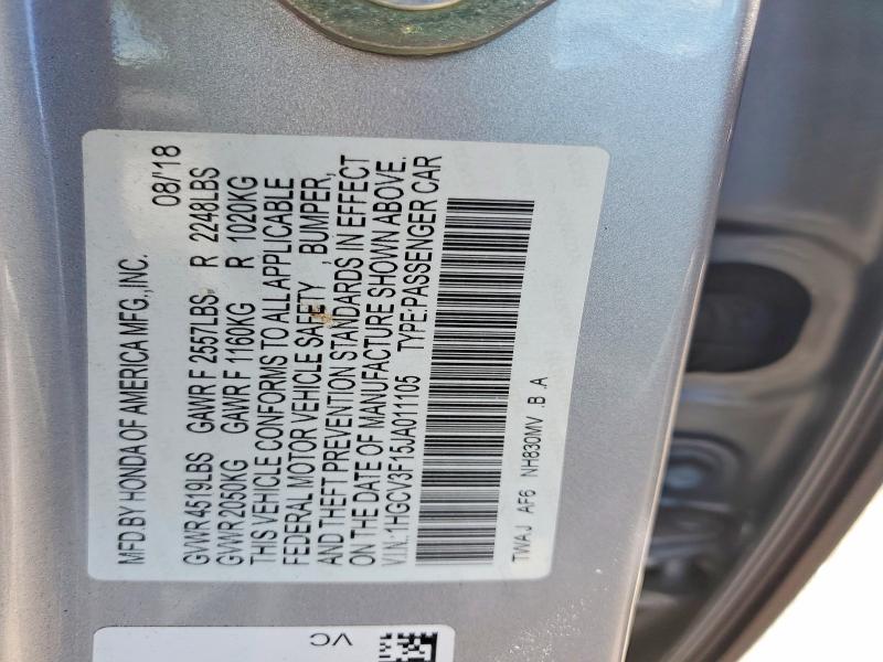 Aukcja sprzedaży 2018 Honda Accord, vin: 1HGCV3F15JA011105, numer aukcji: 52772856