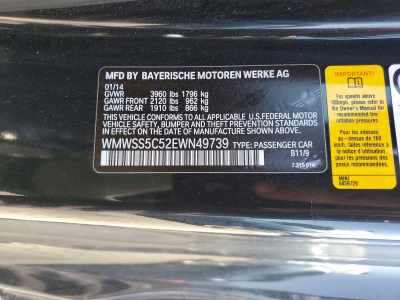 52576306 :رقم المزاد ، WMWSS5C52EWN49739 vin ، 2014 Mini Cooper مزاد بيع