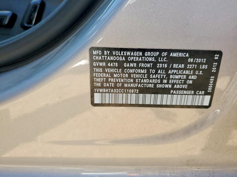 Продажа на аукционе авто 2012 Volkswagen Passat, vin: 1VWBH7A32CC110972, номер лота: 52937276