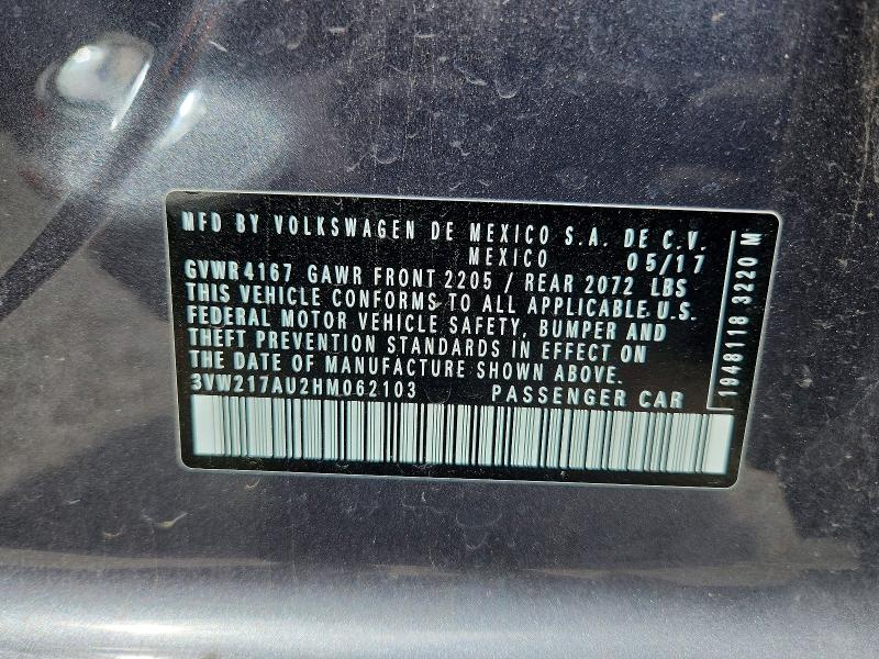 55118606 :رقم المزاد ، 3VW217AU2HM062103 vin ، 2017 Volkswagen Golf مزاد بيع