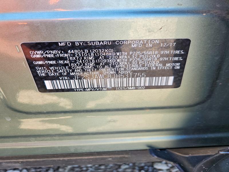 2018 Subaru Forester მანქანა იყიდება აუქციონზე, vin: JF2SJAWC8JH531755, აუქციონის ნომერი: 53877556