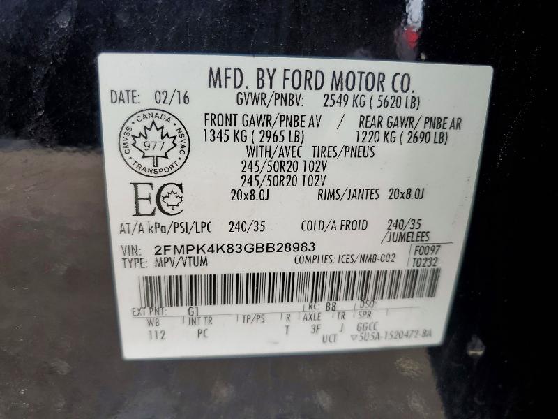 53815296 :رقم المزاد ، 2FMPK4K83GBB28983 vin ، 2016 Ford Edge مزاد بيع