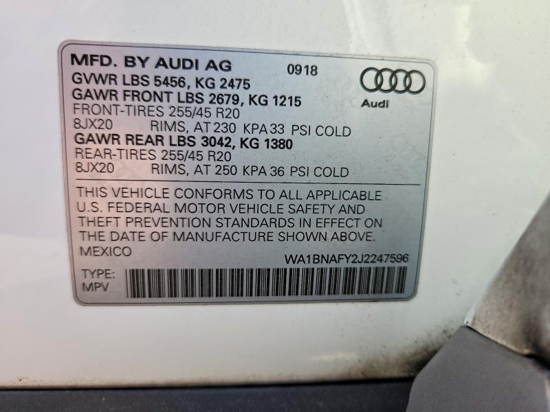 54646896 :رقم المزاد ، WA1BNAFY2J2247596 vin ، 2018 Audi Q5 مزاد بيع