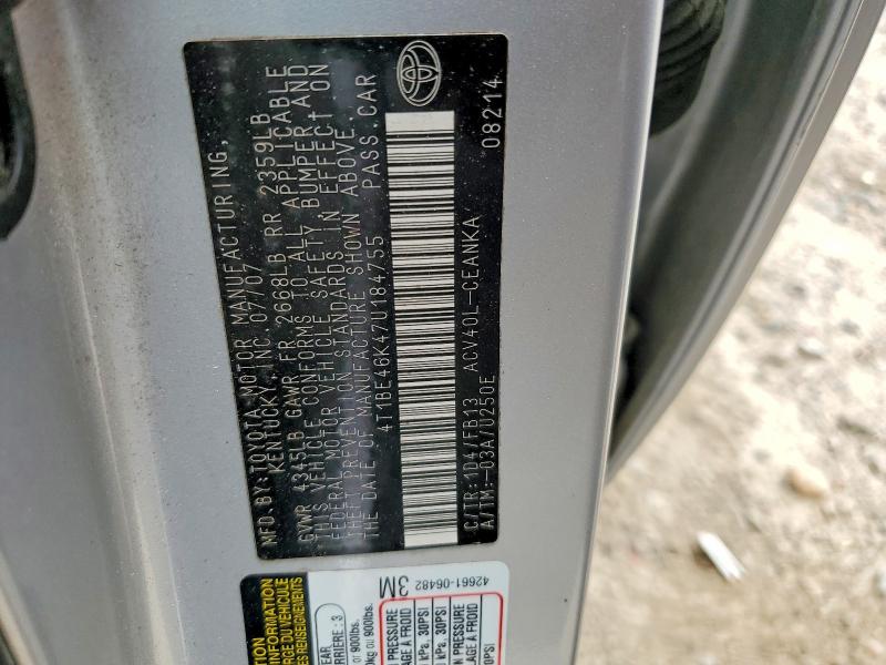 2007 Toyota Camry მანქანა იყიდება აუქციონზე, vin: 4T1BE46K47U184755, აუქციონის ნომერი: 51619406