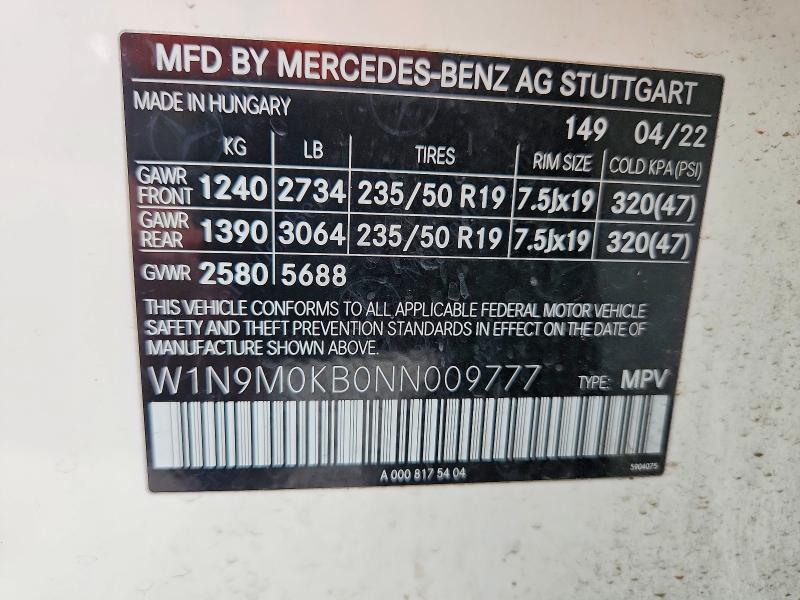54524046 :رقم المزاد ، W1N9M0KB0NN009777 vin ، 2022 Mercedes-benz Eqb مزاد بيع
