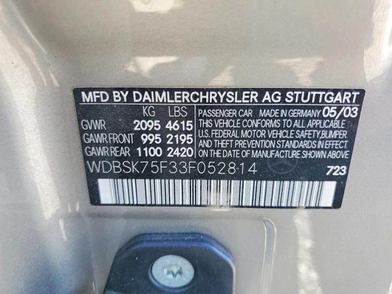 Продаж на аукціоні авто 2003 Mercedes-benz Sl, vin: WDBSK75F33F052814, номер лоту: 54188696