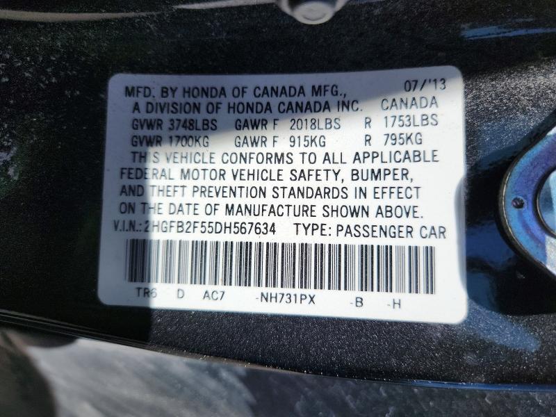 2013 Honda Civic მანქანა იყიდება აუქციონზე, vin: 2HGFB2F55DH567634, აუქციონის ნომერი: 48112006