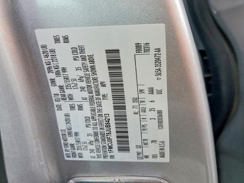 Auction sale of the 2018 Ford Escape, vin: 1FMCU0F78JUB84213, lot number: 52963996