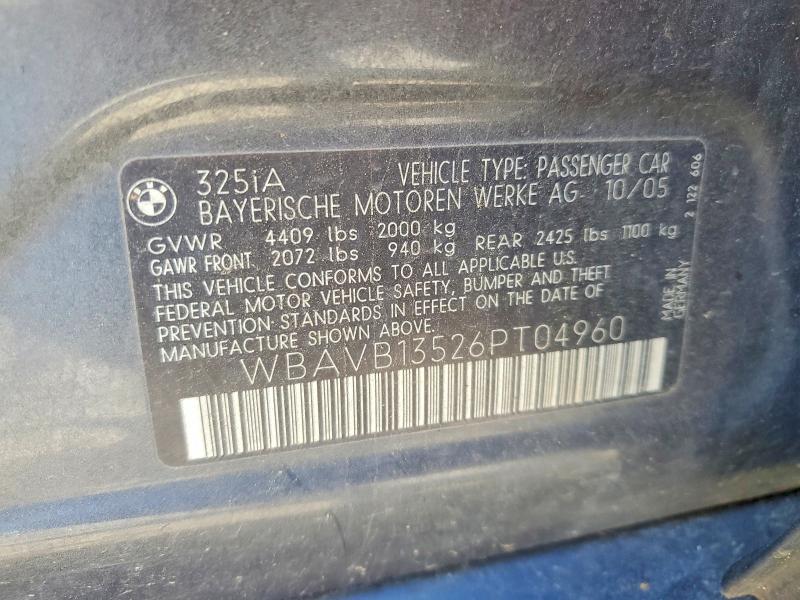2006 Bmw 325 მანქანა იყიდება აუქციონზე, vin: WBAVB13526PT04960, აუქციონის ნომერი: 53084636