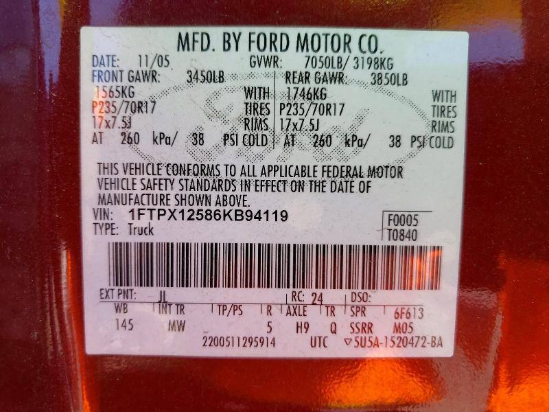 52893746 :رقم المزاد ، 1FTPX12586KB94119 vin ، 2006 Ford F150 مزاد بيع