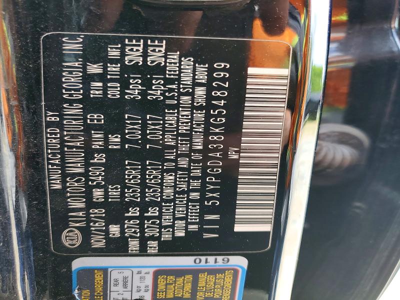 Aukcja sprzedaży 2019 Kia Sorento, vin: 5XYPGDA38KG548299, numer aukcji: 54905656