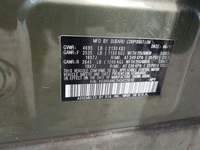 52317186 :رقم المزاد ، 4S4BSANC7H3422610 vin ، 2017 Subaru Outback مزاد بيع