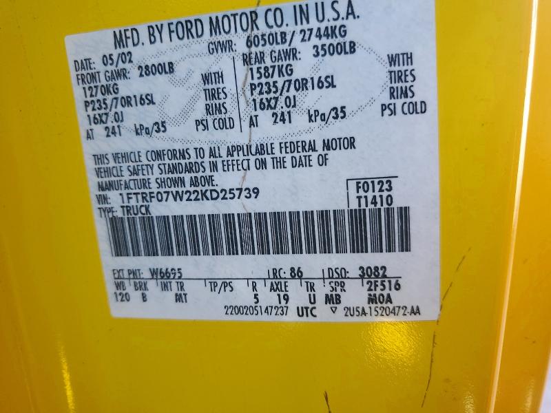 2002 Ford F150 მანქანა იყიდება აუქციონზე, vin: 1FTRF07W22KD25739, აუქციონის ნომერი: 53378566