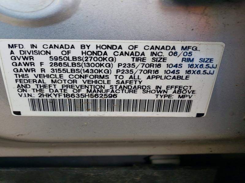 2005 Honda Pilot მანქანა იყიდება აუქციონზე, vin: 2HKYF18635H562596, აუქციონის ნომერი: 54099586