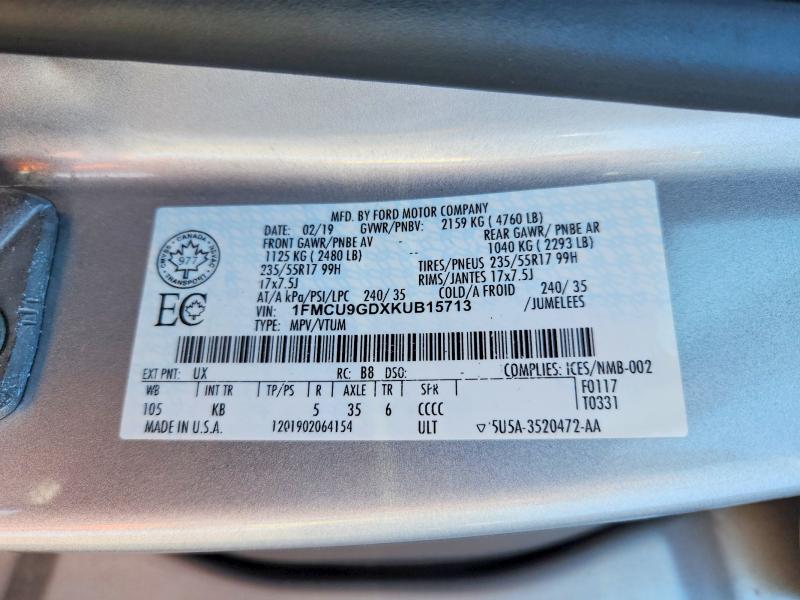 Продажа на аукционе авто 2019 Ford Escape, vin: 1FMCU9GDXKUB15713, номер лота: 55235336