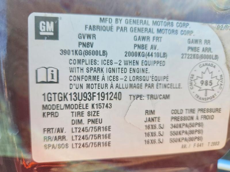 53088796 :رقم المزاد ، 1GTGK13U93F191240 vin ، 2003 Gmc Sierra مزاد بيع