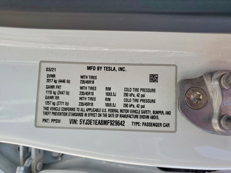 Auction sale of the 2021 Tesla Model 3, vin: 5YJ3E1EA8MF929642, lot number: 51850846