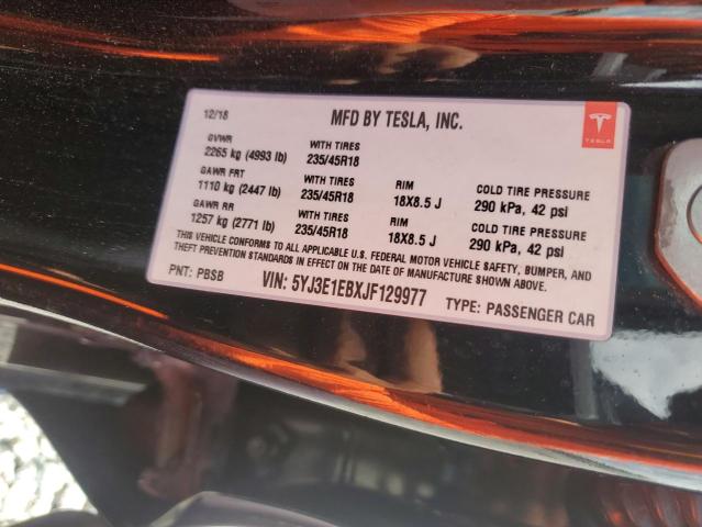 2018 Tesla Model 3 მანქანა იყიდება აუქციონზე, vin: 5YJ3E1EBXJF129977, აუქციონის ნომერი: 53589496