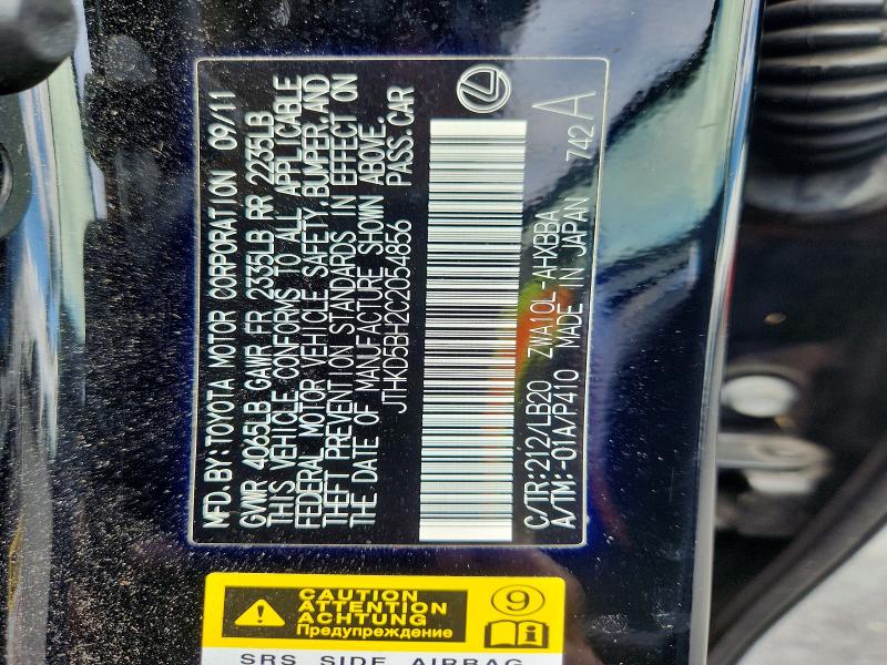 55234646 :رقم المزاد ، JTHKD5BH2C2054856 vin ، 2012 Lexus Ct مزاد بيع