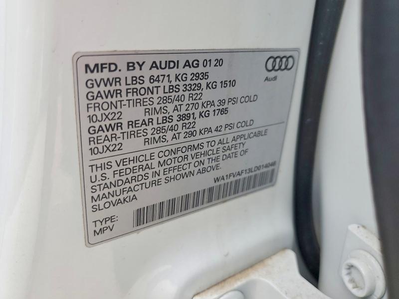 52543756 :رقم المزاد ، WA1FVAF13LD014046 vin ، 2020 Audi Q8 مزاد بيع