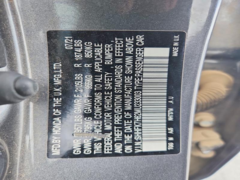 2021 Honda Civic მანქანა იყიდება აუქციონზე, vin: SHHFK7H62MU233003, აუქციონის ნომერი: 53945486