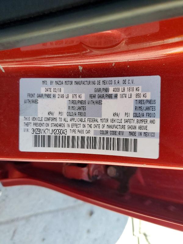 2018 Mazda 3 მანქანა იყიდება აუქციონზე, vin: 3MZBN1K71JM209043, აუქციონის ნომერი: 54730846