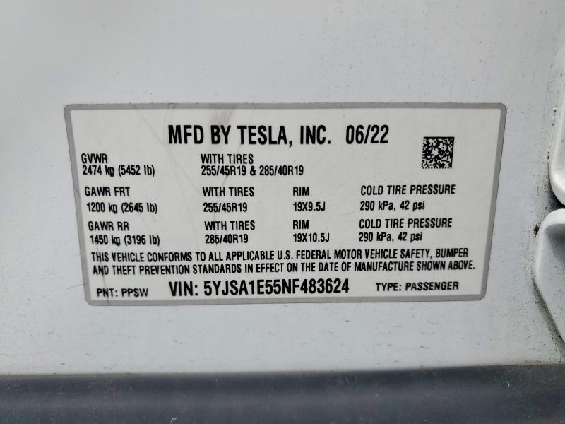 Aukcja sprzedaży 2022 Tesla Model S, vin: 5YJSA1E55NF483624, numer aukcji: 52490026