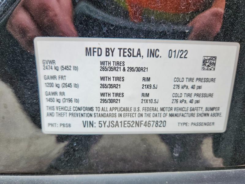 Продажа на аукционе авто 2022 Tesla Model S, vin: 5YJSA1E52NF467820, номер лота: 54441806