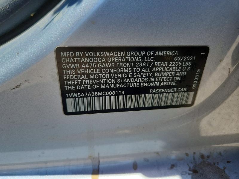 53474136 :رقم المزاد ، 1VWSA7A38MC008114 vin ، 2021 Volkswagen Passat مزاد بيع
