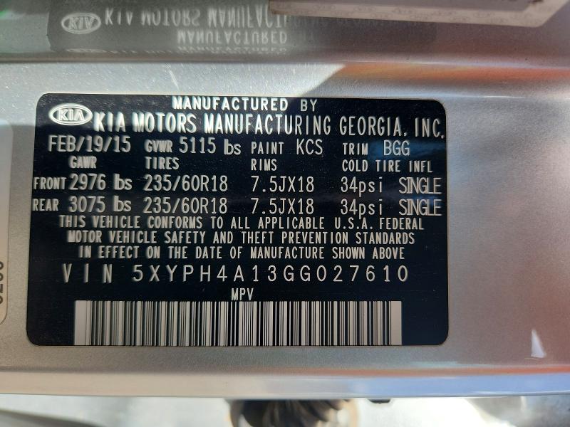 Aukcja sprzedaży 2016 Kia Sorento, vin: 5XYPH4A13GG027610, numer aukcji: 54705246