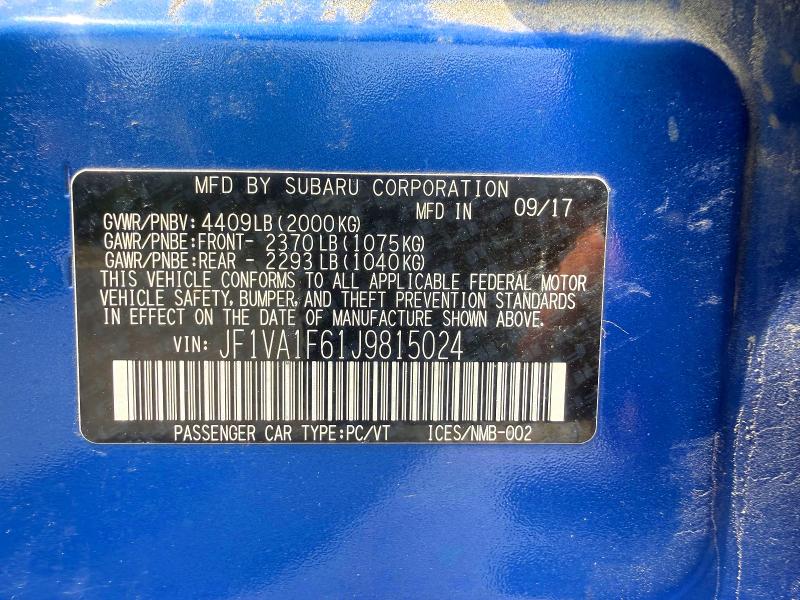 2018 Subaru Wrx მანქანა იყიდება აუქციონზე, vin: JF1VA1F61J9815024, აუქციონის ნომერი: 55381226