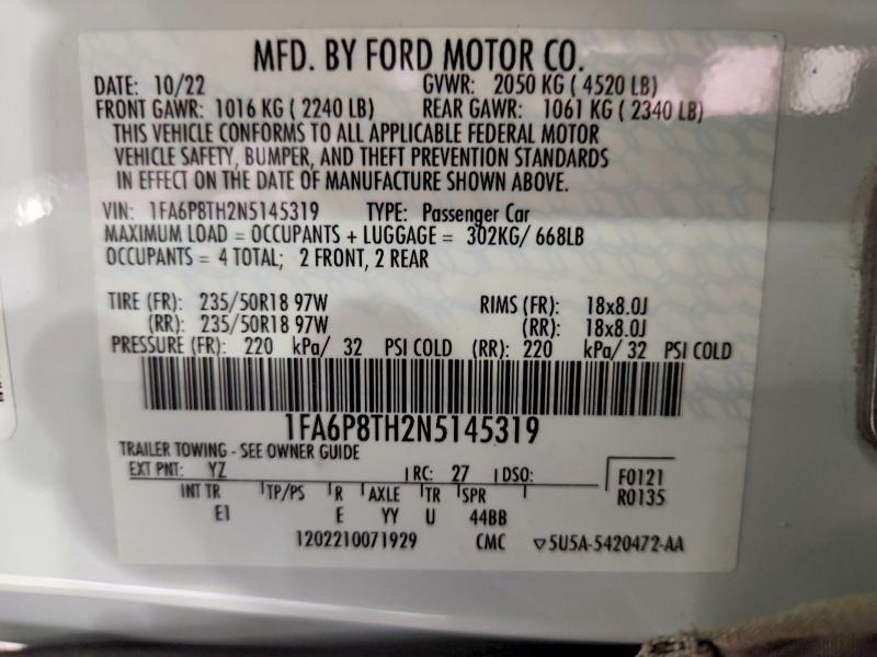 Aukcja sprzedaży 2022 Ford Mustang, vin: 1FA6P8TH2N5145319, numer aukcji: 54391346