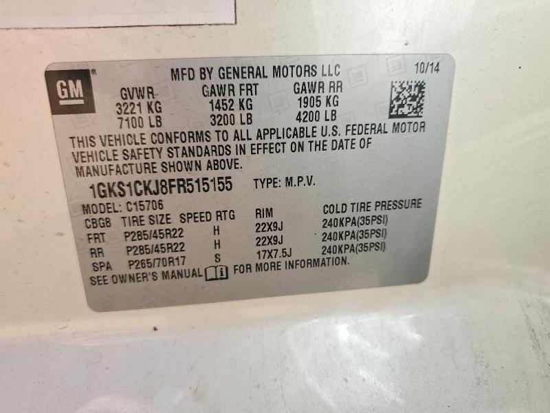 51915556 :رقم المزاد ، 1GKS1CKJ8FR515155 vin ، 2015 Gmc Yukon مزاد بيع