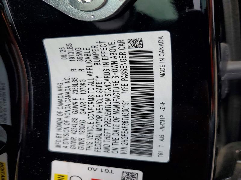 Продажа на аукционе авто 2026 Honda Civic, vin: 2HGFE4F86TH300191, номер лота: 52576356