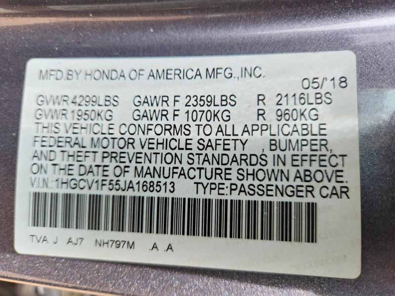 2018 Honda Accord მანქანა იყიდება აუქციონზე, vin: 1HGCV1F55JA168513, აუქციონის ნომერი: 54860376